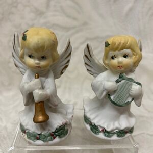 Vintage Ceramic Angel Figurines Set Of 2 Christmas Holiday Decor Harp and Horn‎